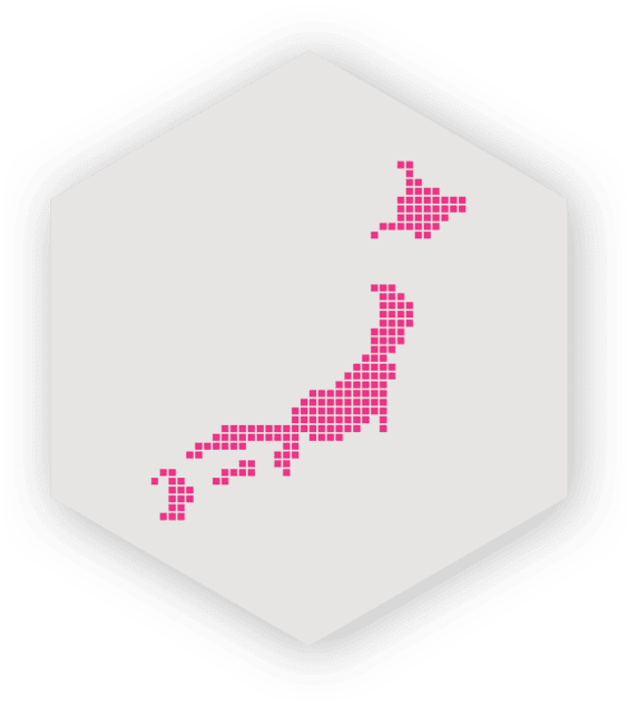 粉红色背景上六角形画框内用粉红色点画出日本轮廓的图像。